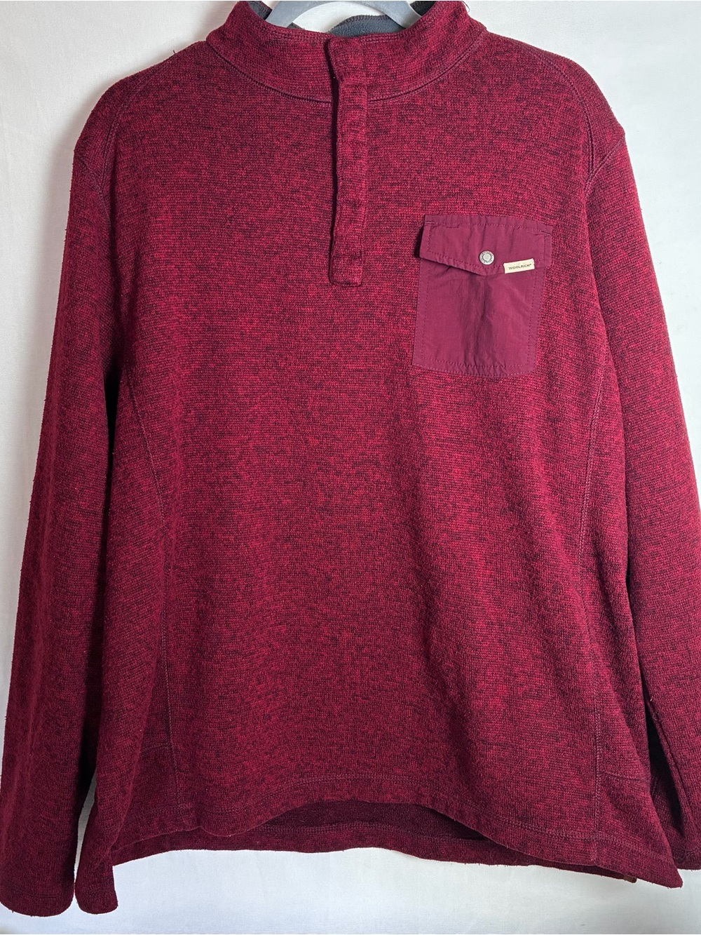 Woolrich Sweater Fleece Pullover Mens XL Burgundy Red Marled Snap Chest Pocket